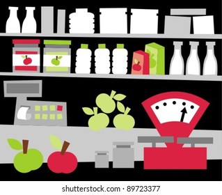 Showcase of the grocery store. Shelves are filled with an abundance of