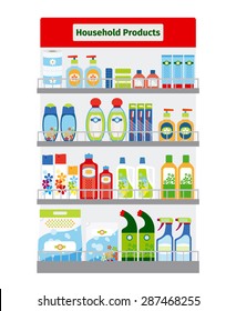 Showcase with household cleaning and hygiene items vector illustration