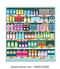 Showcase with household goods, hygiene products, cosmetics, detergents. Vector illustration.