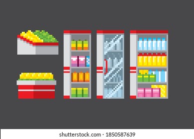 Showcase in a hypermarket Pixel art. Old school computer graphic. 8 bit video game. Game assets 8-bit sprite. 16-bit.