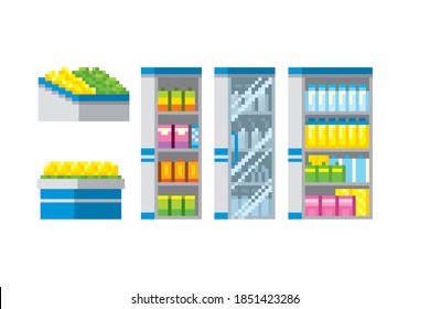 Muestra en un arte Pixel hipermercado. Gráfico informático de la vieja escuela. Videojuego de 8 bits. Juego de activos de 8 bits. 16 bits.