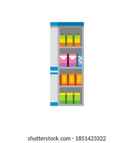 Showcase in a hypermarket Pixel art. Old school computer graphic. 8 bit video game. Game assets 8-bit sprite. 16-bit.