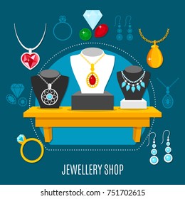 Showcase of jewelry shop with necklaces on dummies, gems, earrings, rings composition on blue background vector illustration