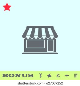 Showcase Kiosk icon flat. Grey pictogram on blue background. Vector illustration symbol and bonus buttons medal, cow, earth, eye, calculator