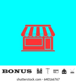 Showcase Kiosk icon flat. Red pictogram on blue background. Vector illustration symbol and bonus buttons Music center, corkscrew, credit card, house, drum