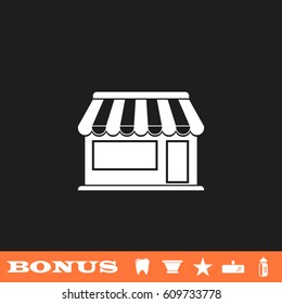 Showcase Kiosk icon flat. White pictogram on black background. Vector illustration symbol and bonus button tooth, vase, star, mirror, bottle