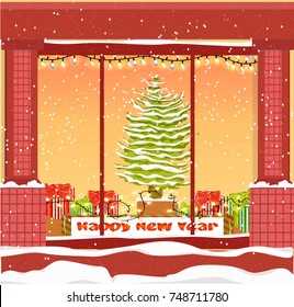 Showcase with a large rectangular window and columns, decorated for the new year and Christmas. Plaque with congratulations. Christmas tree, gifts, garland. Winter in the city. Vector illustration