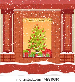 Showcase with a large window with red brickwork and columns, decorated for the new year and Christmas. Christmas tree, decorated balls and stars, gifts, garland. Winter in city. Vector illustration