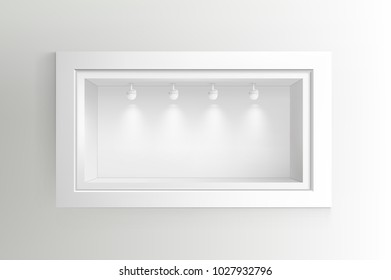 Showcase with light sources. Illustration isolated on background. Graphic concept for your design