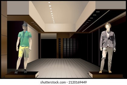 Showcase with male mannequins in fashionable clothes on the background of the interior of the store with racks, hangers. Vector illustration of boutique inside, clothing store.