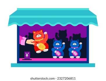 Showcase with Maneki-neko - modern colored vector illustration with traditional Japanese toys bought by tourists. Shopping, souvenir shop. Cute cat symbol of good luck, wealth and prosperity