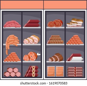 Showcase with meat products. Vector illustration