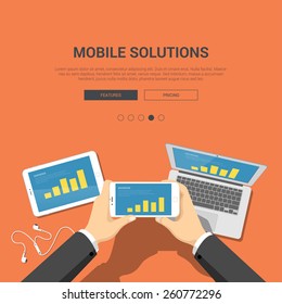 Showcase mockup modern flat design vector illustration concept for mobile solutions hands on smartphone tablet laptop responsive interface. Web banner promotional materials template collection.