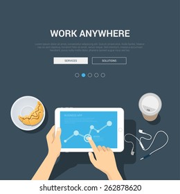 Showcase mockup modern flat design vector illustration concept for work anywhere. Hands touch tablet graphic headphones coffee croissant. Web banner promotional materials template collection.