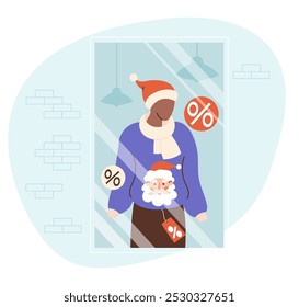 Showcase New Year store. Mannequin in hat and festive Christmas ugly sweater with Santa with price tag. Holiday sale, shopping gift . Vector illustration in flat style