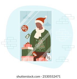 Showcase of New Year store. Mannequin in Santa hat, Christmas ugly sweater with xmas tree with price tags and festive gift boxes. Holiday sale, shopping. Vector illustration in flat style