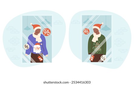 Showcase of New Year store. Mannequins in Santa hat, Christmas ugly sweater with tree with price tags. Holiday sale, shopping for gifts and clothes. Isolated festive Vector illustration in flat style