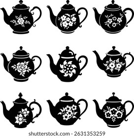 Exibição de nove bule ilustrado em preto, adornado com vários padrões florais brancos. O layout simétrico enfatiza o estilo individual e uma elegância coletiva.