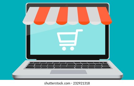 Showcase on line store on a laptop and cart. Vector illustration