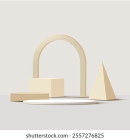 Showcase, podium, stand, arches for advertising, presentation of goods, products. 3d render, abstract composition, background with geometric objects and shadow on the wall.