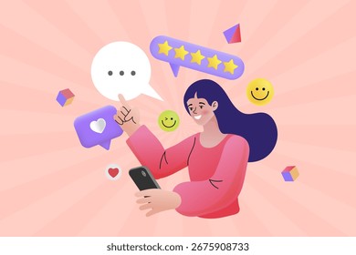 Zeigen Sie die Stärke des positiven Kundenfeedback. Diese lebendige Illustration zeigt einen glücklichen Nutzer, der eine 5-Sterne-Bewertung abgibt, perfekt für Testimonials, Rezensionen und Social-Media-Engagement.
