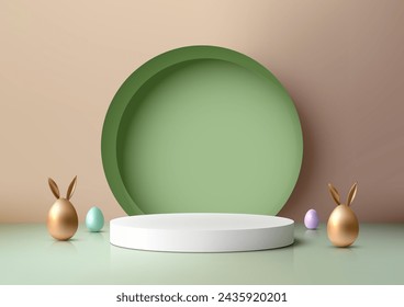 Showcase product festive Easter scene. Featuring a golden Easter egg with bunny ears on a modern white podium, 3D mockup is perfect for marketing and sales. Vector illustration