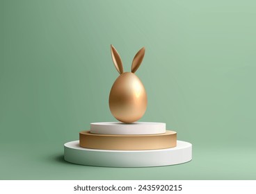 Präsentieren Sie das Produkt festliche Osterszene. Mit einem goldenen Osterei mit Hasenohren auf einem modernen Podium ist 3D Mockup perfekt für Marketing und Vertrieb. Vektorgrafik