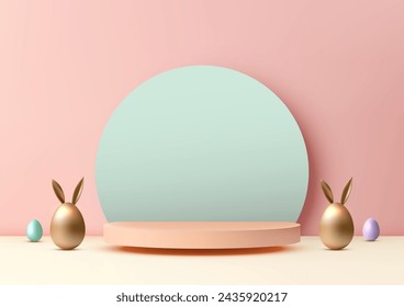 Showcase product festive Easter scene. Featuring a golden Easter egg with bunny ears on a modern podium, 3D mockup is perfect for marketing and sales. Vector illustration