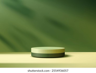 Showcase products with 3D green cylinder podium on a beige surface,  modern aesthetics with a nature inspired background of leaf shadows. Perfect for mockups, displays, and eco themed visuals