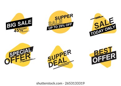 Exibição de layouts de distintivo de promoção com anúncios de venda, como Grande Venda, Oferta de Jantar e Melhor Oferta com descontos em ícones de distintivo amarelo brilhante em um fundo branco.
