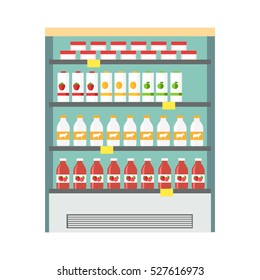 Showcase refrigerator for cooling dairy products. Different colored bottles in blue drinks fridge. Fridge dispenser cooling machine. Isolated object in flat design on white background.