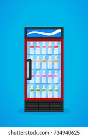 Showcase refrigerator for cooling drinks in bottles. Cooling machine for shop. Different colored bottles. Flat style. Vector illustration.