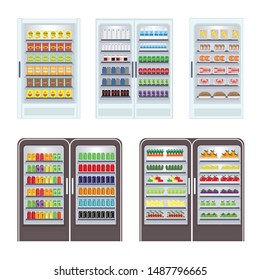 Showcase refrigerator for cooling drinks with sweet, snacks , beverages , fruit, vegetable and seafood isolated on white background, vector illustration.