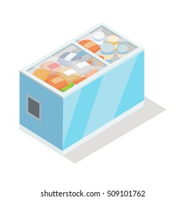 Showcase refrigerator for cooling food. Fridge dispenser cooling machine full of meat cheese fish chicken. Isolated object in flat design. Horizontal refrigerator with transparent front panels. Vector