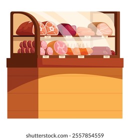 Showcase refrigerator with various sausages, salami and meat products inside a butcher shop