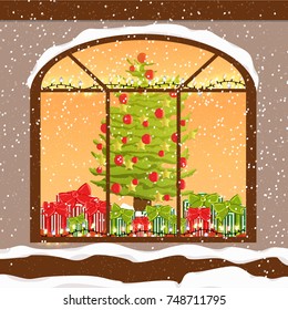 Showcase with a semicircular window, decorated for the new year and Christmas. Christmas tree with balls and stars, gifts, garland. Winter in the city. snowfall. Vector illustration