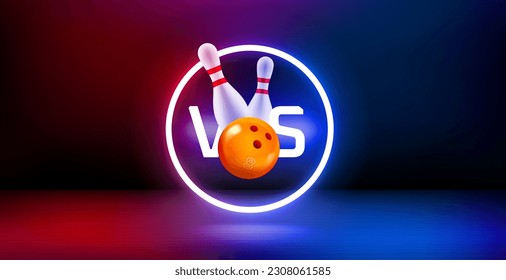 Showcase and shining neon frame and bowling battle concept. 3d vector banner with copy space