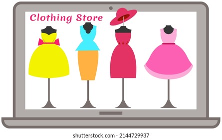 Showcase of shop with clothes for women vector illustration. Boutique building exterior with dresses on mannequins. Shopping, making purchases in store concept. Presentation of fashion wardrobe items