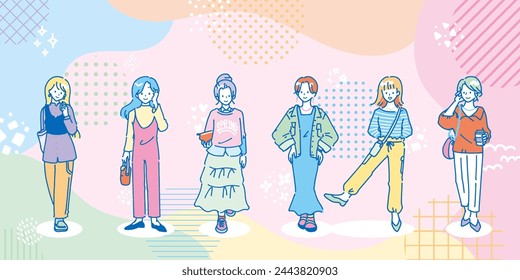 A showcase of soft and whimsical fashion coordinates against a backdrop of spring and autumn pastel colors.