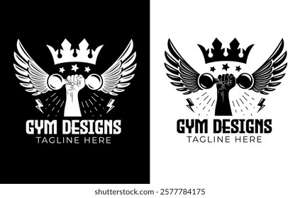 Showcase strength and fitness with this gym and bodybuilding logo concept. Featuring a hand-drawn silhouette of a strong hand lifting a steel dumbbell, this vector illustration perfect for gym brand