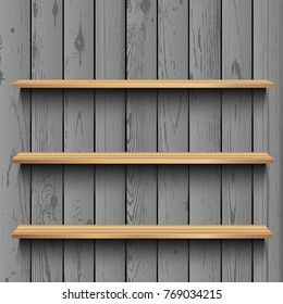 Showcase template with shadow on gray wooden panel wall background. Advertising wood plastic plank shelf store. Sale exhibition interior furniture