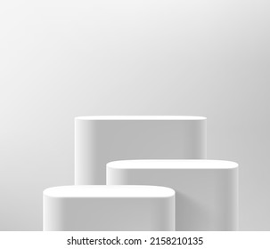 Showcase with three podiums. 3d vector illustration with copy space