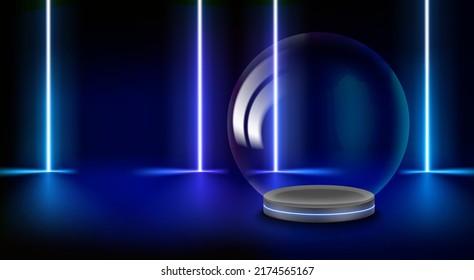 Mostrador con esfera de vidrio transparente y resplandor de neón. 3.ª simulación de presentación vectorial