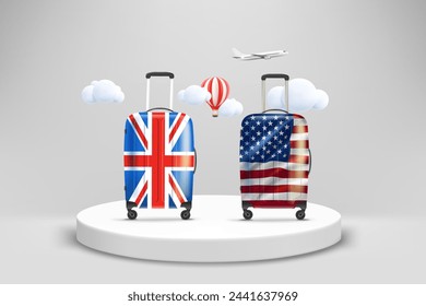 Showcase with travel bags with flags. World travel concept. 3d vector illustration 