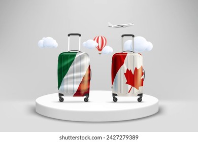 Showcase with travel bags with italian and canadian flags. World travel concept. 3d vector illustration 