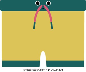 the A showcase yellow shorts with pink lace hanging out at the waist center, contrast paneled piping, and stitched detailing has a cute little smiling face, vector, color drawing or illustration.