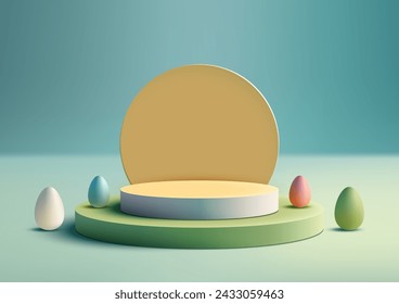 Showcase your Easter products with colorful 3D podium scene. Featuring Easter eggs, spring colors, and a geometric stage. Vector illustration