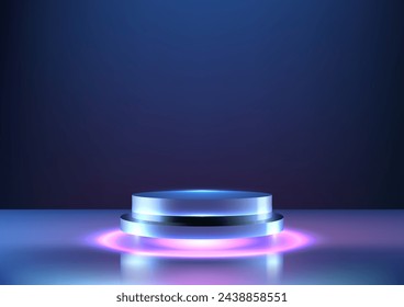 Showcase your product 3D glowing blue podium on a pedestal featuring a glowing blue neon. Ideal for showcasing technology awards or tech gadgets in a futuristic scene. Vector illustration