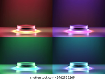 Showcase your product 3D glowing neon colors podium on a pedestal featuring a glowing neon light. Ideal for showcasing technology awards or tech gadgets in a futuristic scene. Vector illustration
