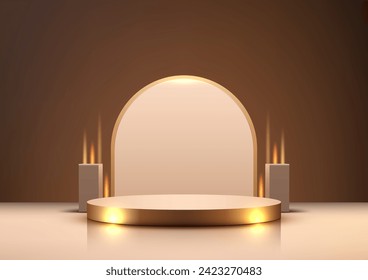 Showcase your products in luxury 3D gold podium mockup. Featuring a realistic design with beige floor and dark background. Vector illustration
